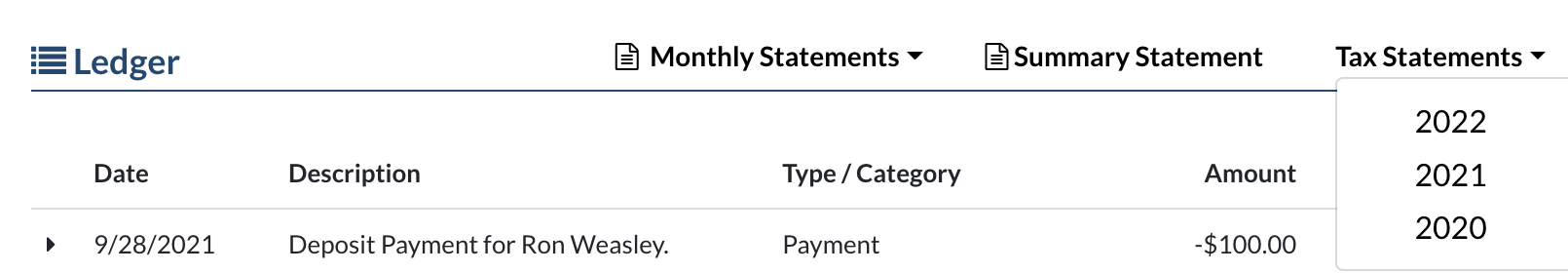 image of the parent facing tax statement menu