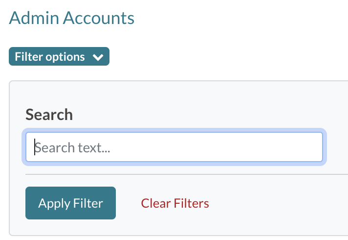 Admin Accounts Page Filter Options.