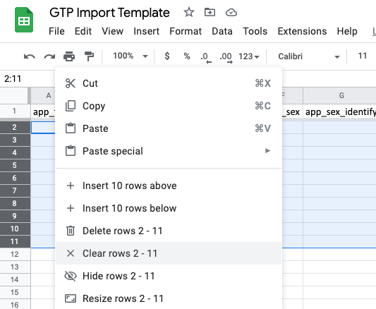 Preparing an import in google sheets.