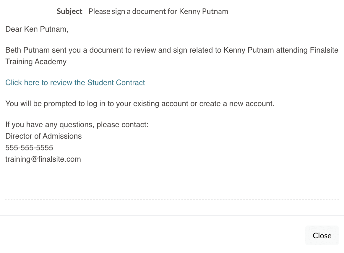 Invitation email sent to parent 2 to sign contract.png