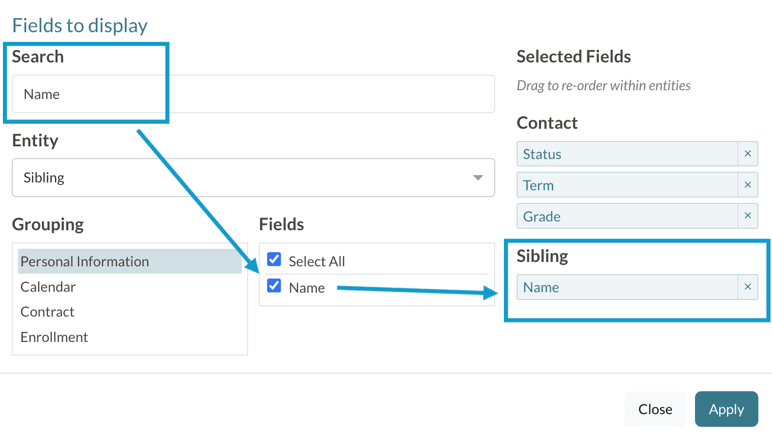 Selecting the Name field to pull it into a search as a column.png