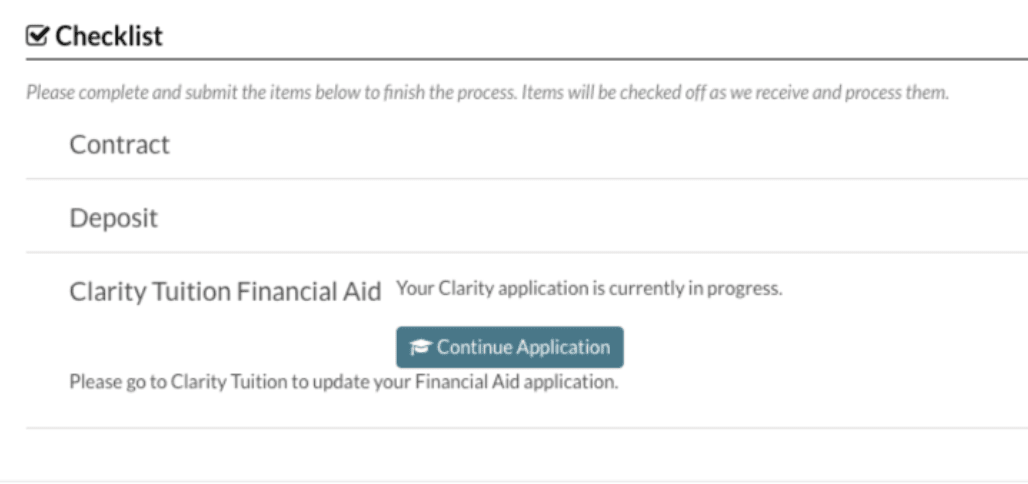 In Progress status will show a Continue Application button on the checklist.png