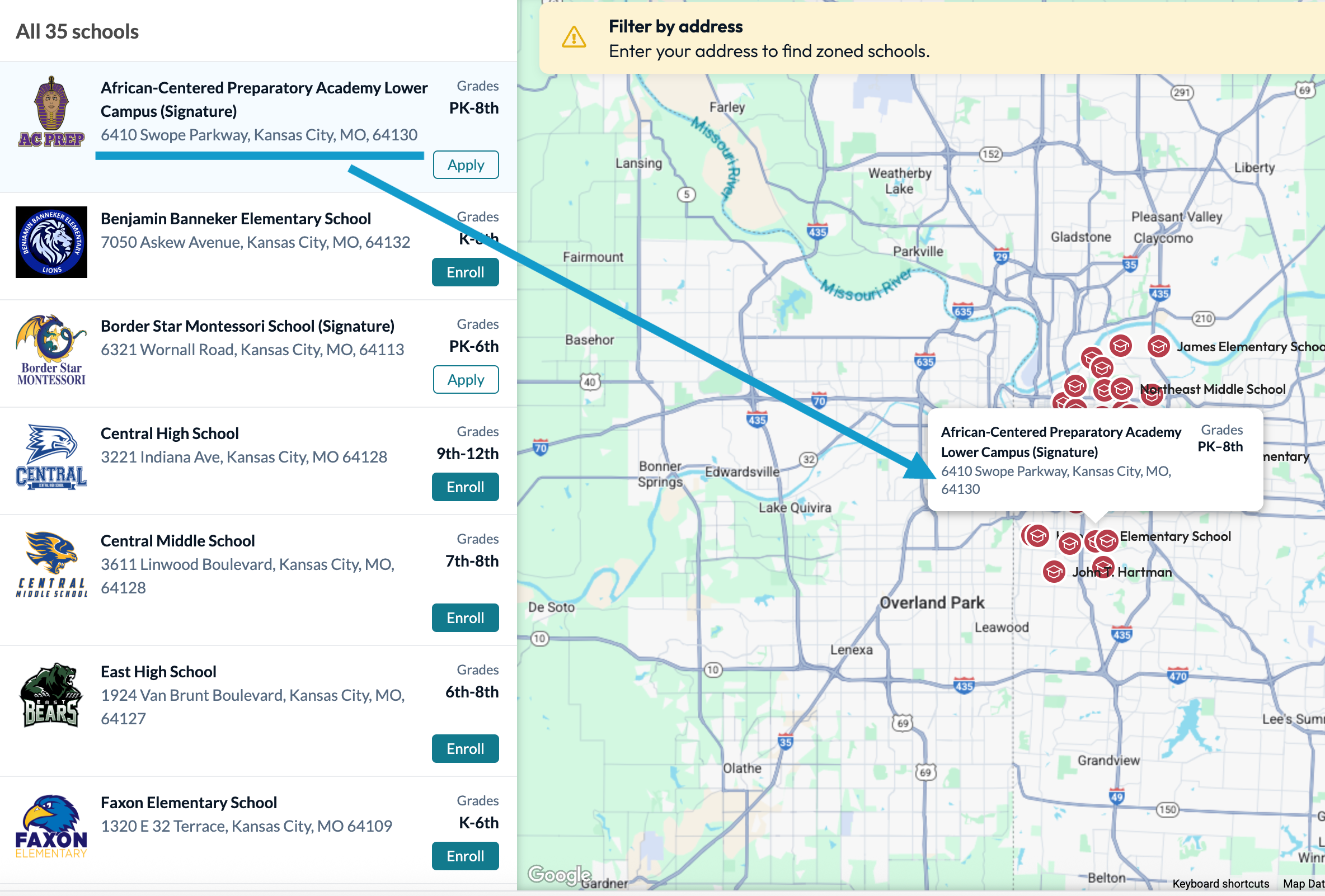 Address visible in the list of schools and on the map when pin is selected.png