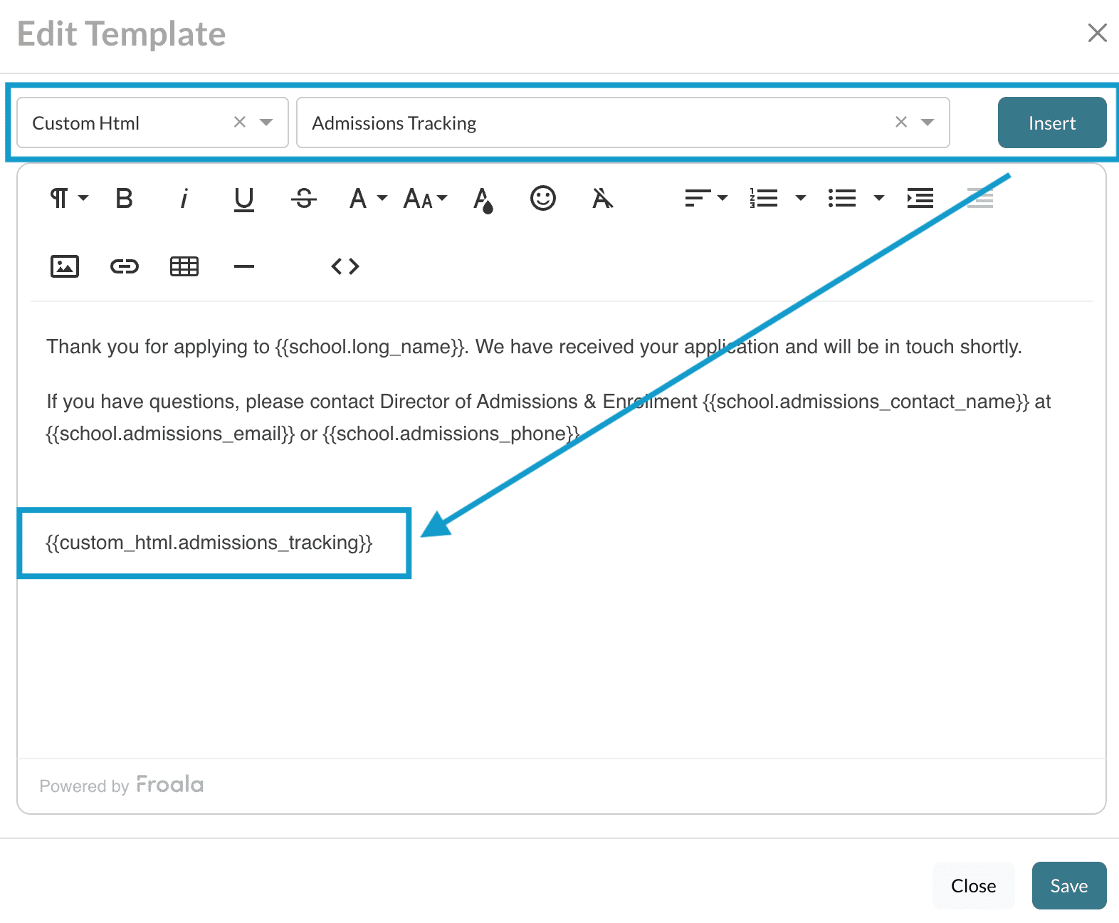 Use merge token picker menus to select Custom HTML merge token.png