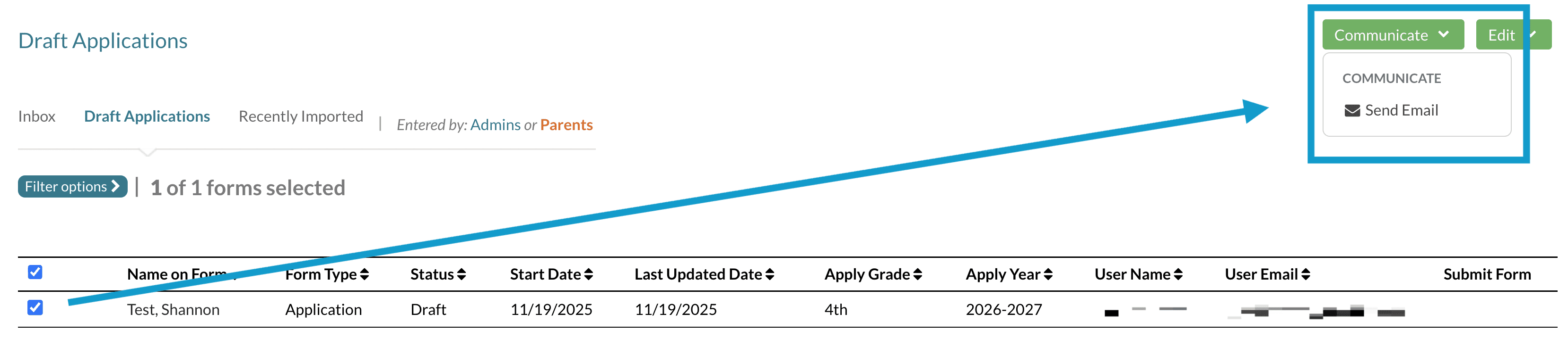Communicate menu on Draft Applications page.png