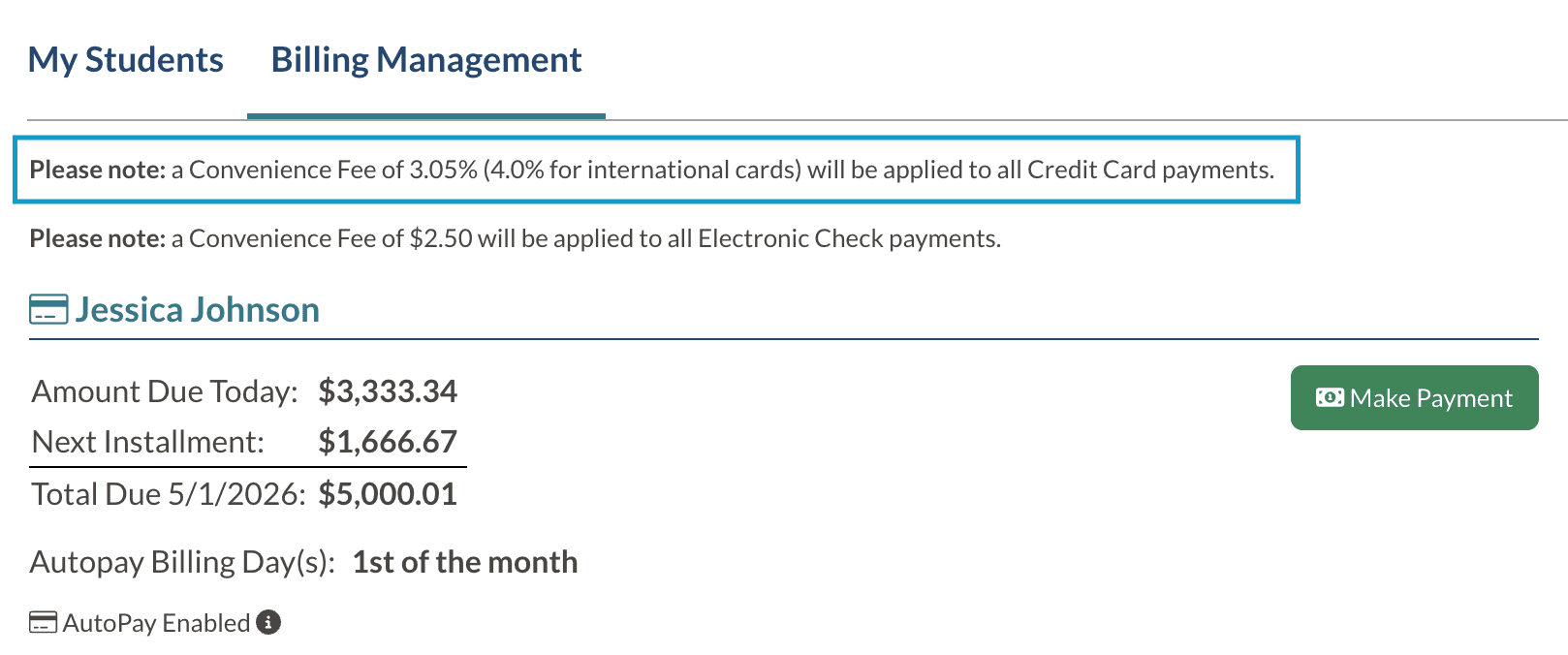 Credit card convenience fee message on Billing Management tab.png