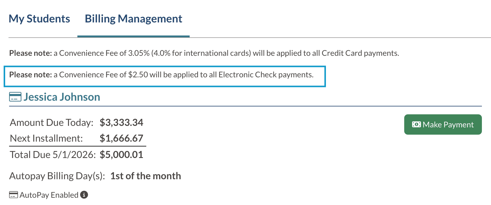 Convenience fee message for electronic payments on Billing Management tab.png