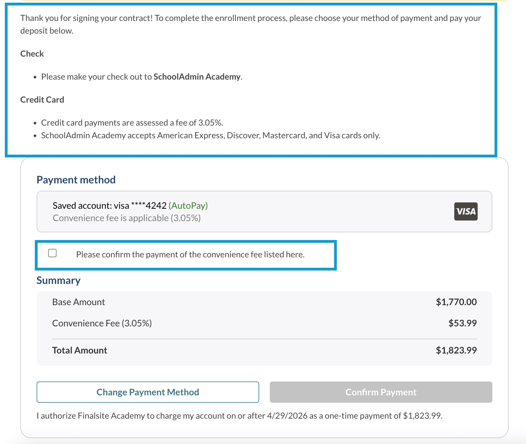 Deposit Instructions and Convenience Fee Notification Message on Contract.png