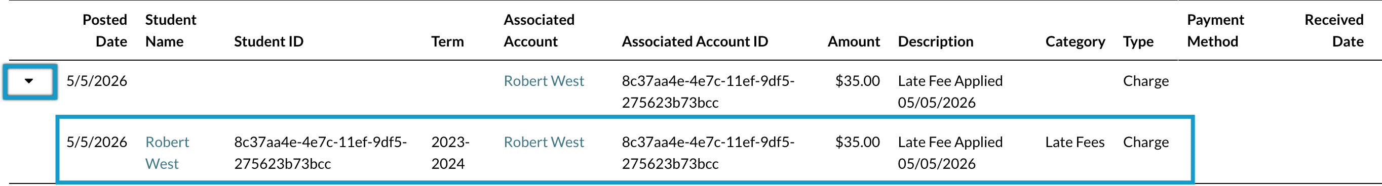 Click the arrow icon on the left the expand to line item to see student data.png