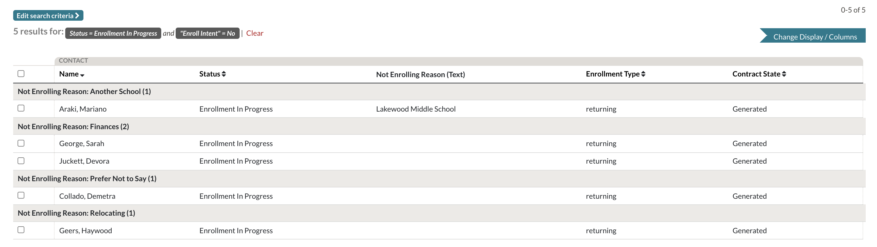 Example of a search within SchoolAdmin pulling students with a status of Enrollment in Progress and who are not intending to enroll.