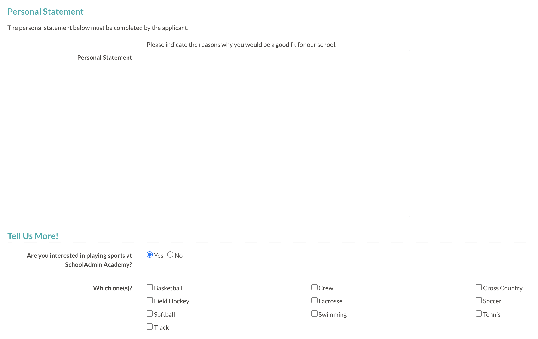 Parent view of an online form with a few fields displayed.