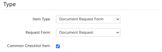 Checklist item setup for Common checklist items