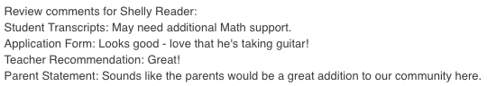Example of reader comments merge field used in a template