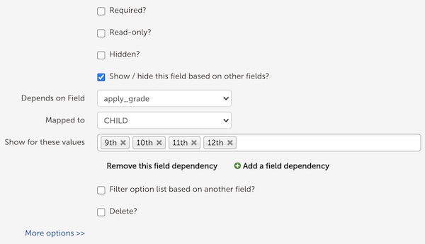 Form editor with Show/Hide options revealed.