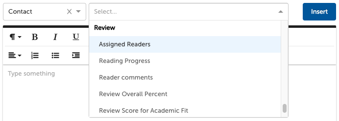 Merge field picker with Review-type merge fields highlighted
