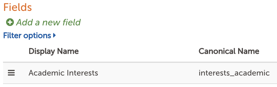 Fields page with display name and canonical name columns
