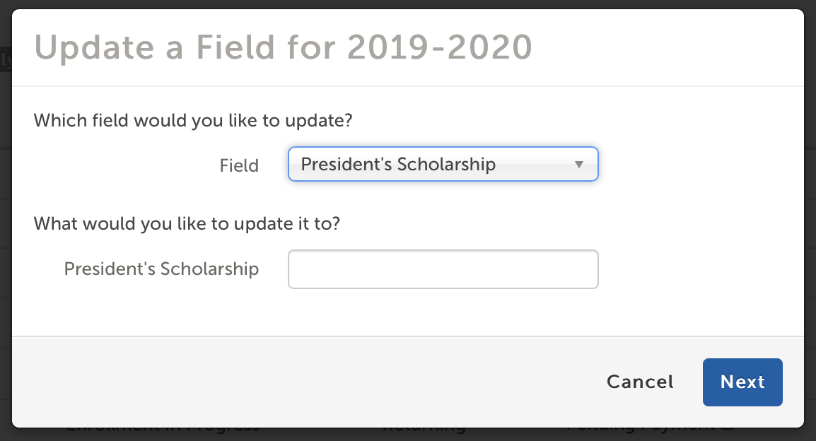 'Update a Field' modal window.