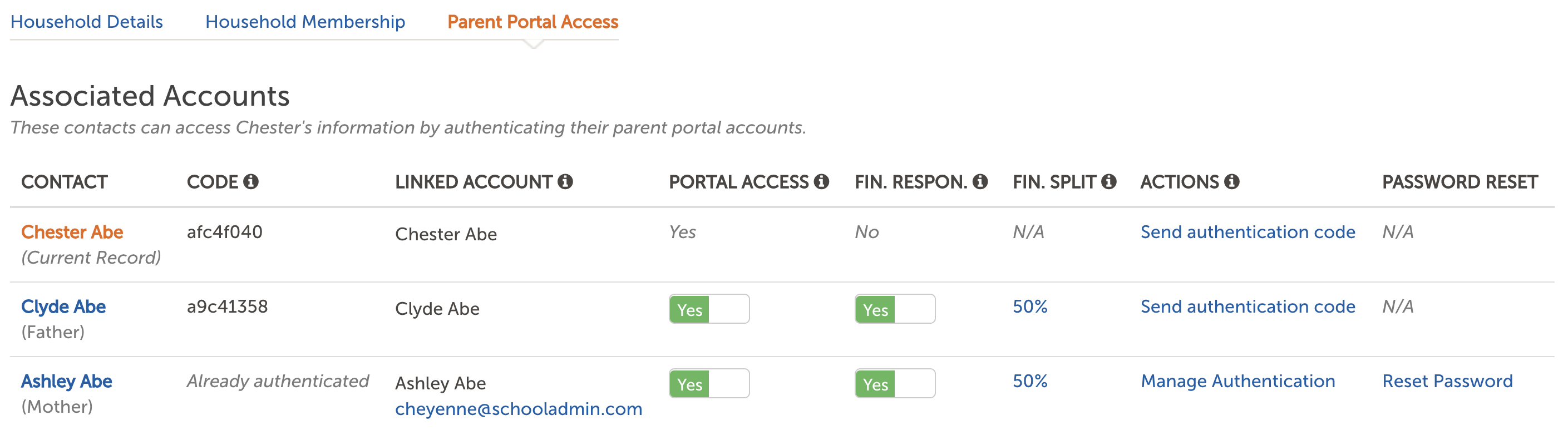Image of the Parent Portal Access - Associated Accounts section of the contact record.