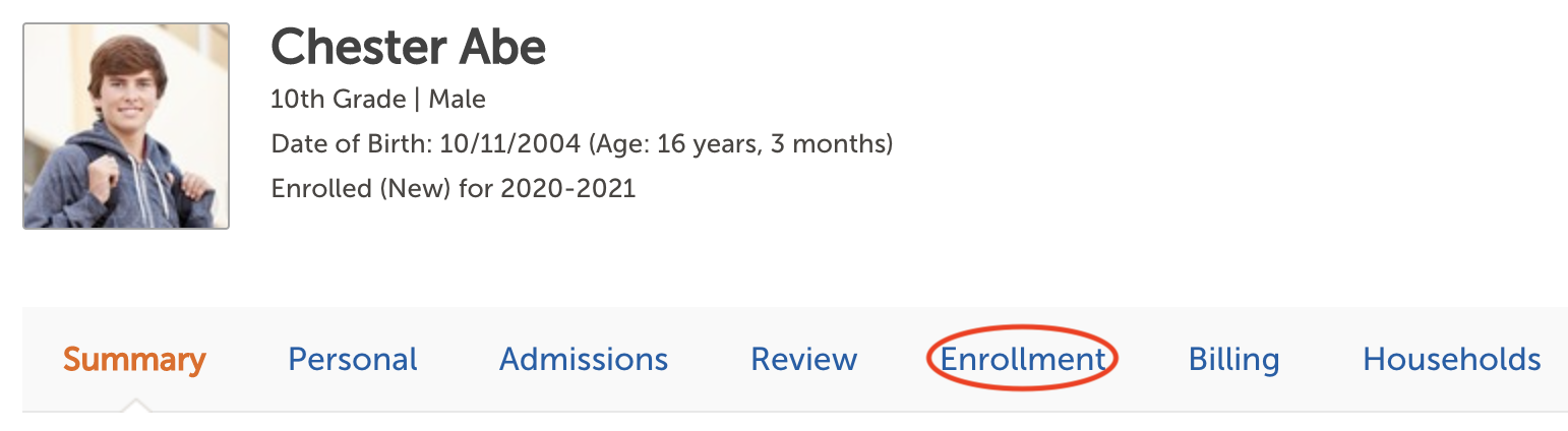 Image of a Contact Record header with the Enrollment tab highlighted.