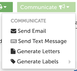 Image of the Communicate menu expanded on a contact record.