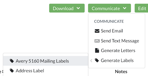 Communicate menu from a search page showing the Generate Labels option