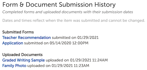 Image of the Form & Document Submission History section of the contact record.