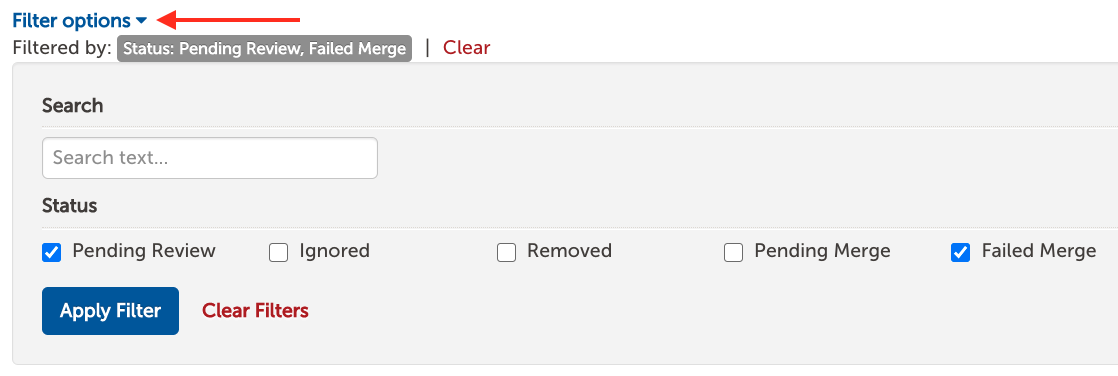 Image showing Filter Options on the Duplicate Household Matching page.