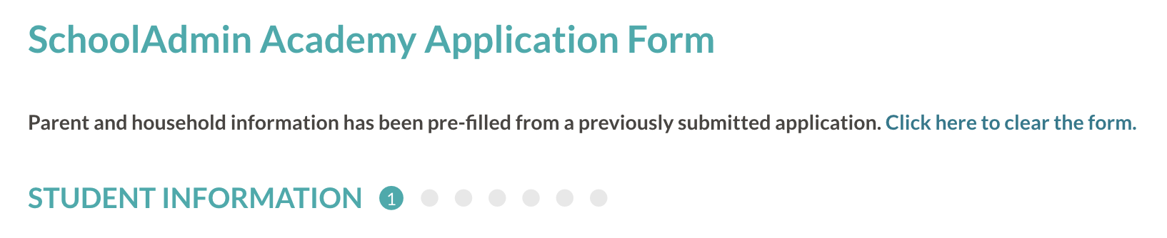 Application Form with message about pre-filled parent and household information, plus the option to clear the form.