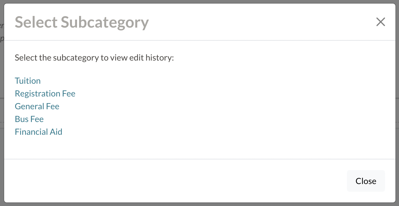 An example edit history screen on the billing categories page