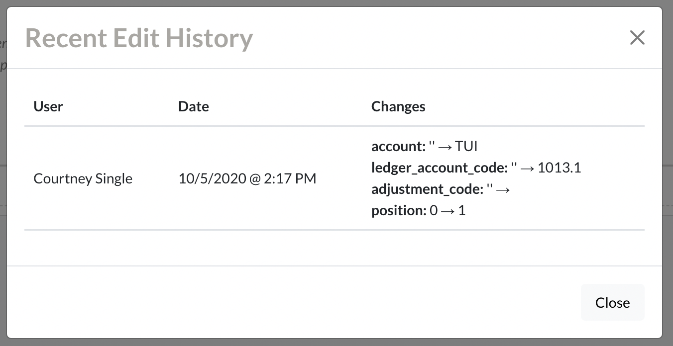 Example recent edit history on the Billing Categories page
    