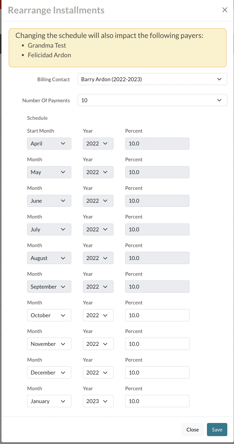 example image of a rearrange installments pop up window